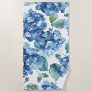 Hydrangea Blues   Watercolor Blooms Flower Pattern Beach Towel