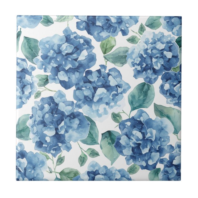 Hydrangea Blues | Watercolor Blooms Flower Pattern Ceramic Tile (Front)