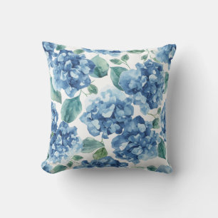Hydrangea Blues Watercolor Blooms Flower Pattern Cushion