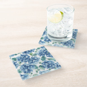 Hydrangea Blues Watercolor Blooms Flower Pattern Glass Coaster