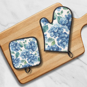 Hydrangea Blues Watercolor Blooms Flower Pattern Oven Mitt & Pot Holder Set