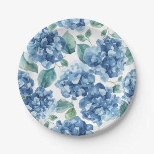 Hydrangea Blues Watercolor Blooms Flower Pattern Paper Plate