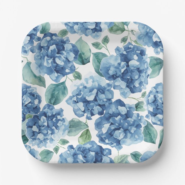 Hydrangea Blues | Watercolor Blooms Flower Pattern Paper Plate (Front)