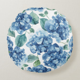 Hydrangea Blues Watercolor Blooms Flower Pattern Round Cushion
