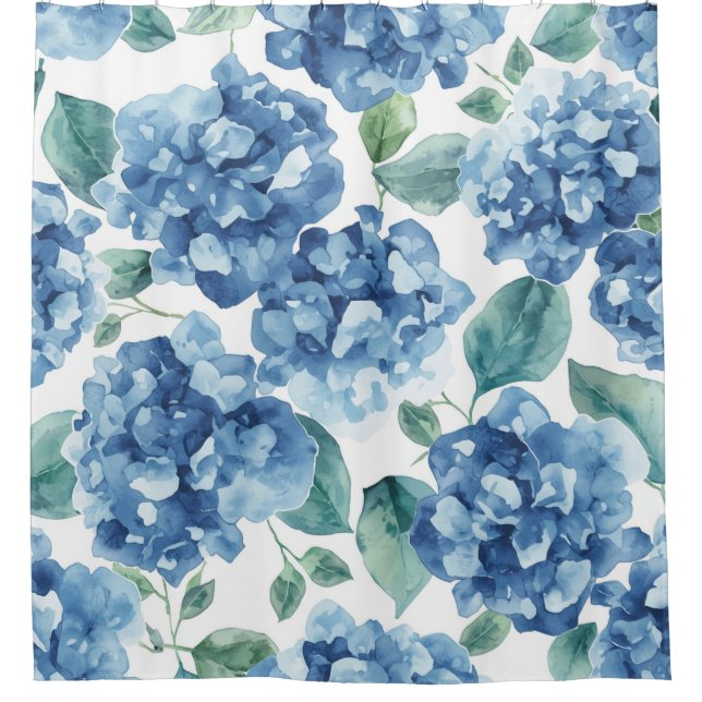 Hydrangea Blues | Watercolor Blooms Flower Pattern Shower Curtain (Front)