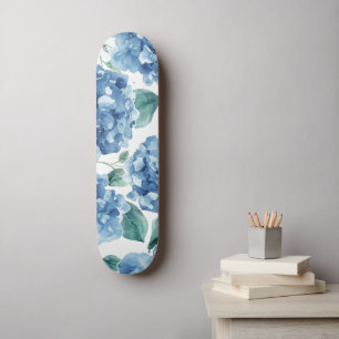 Hydrangea Blues Watercolor Blooms Flower Pattern Skateboard