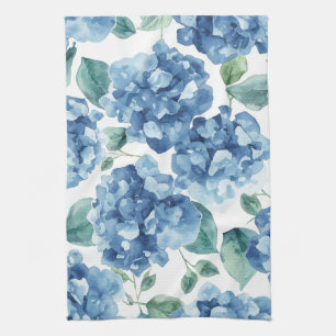 Hydrangea Blues   Watercolor Blooms Flower Pattern Tea Towel