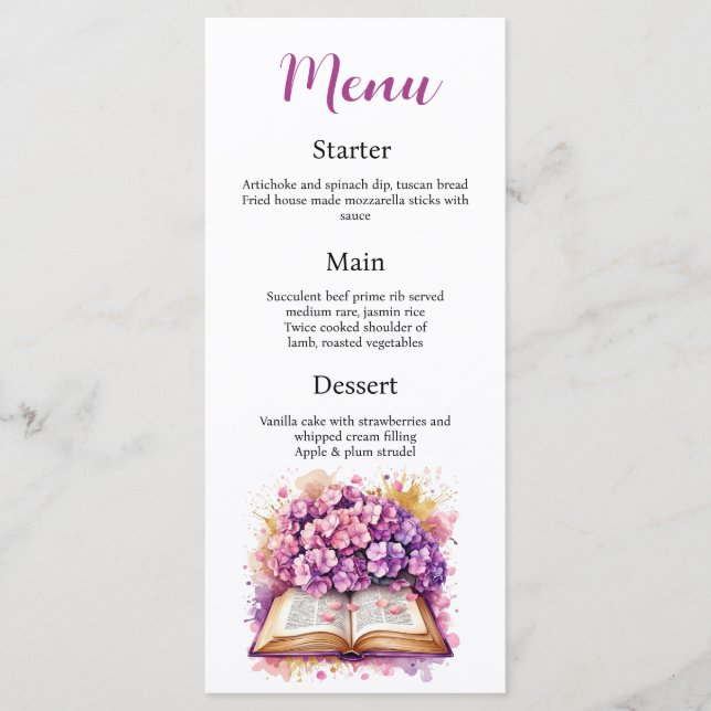 Hydrangea Book Theme Menu Card (Front)