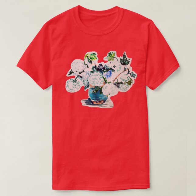 Hydrangea Bouquet in a Blue Pottery Vase T-Shirt (Design Front)