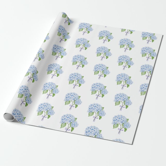 Hydrangea bow grandmillenial preppy floral wrapping paper (Unrolled)