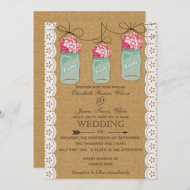 hydrangea burlap Rustic mason jar wedding Invitation (Front/Back)