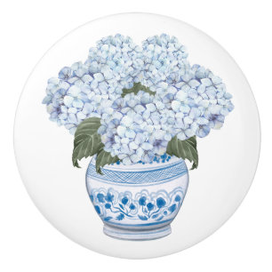 Hydrangea Chinoiserie Blue Flower Bloom  Ceramic Knob