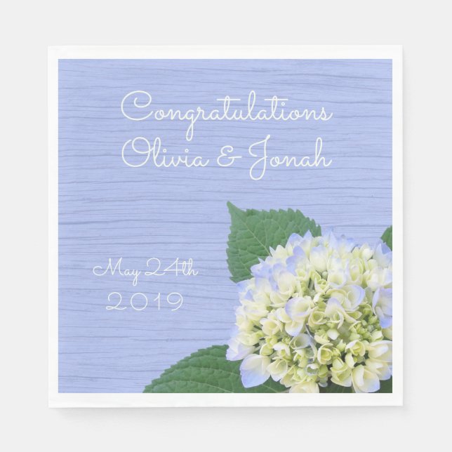 Hydrangea Congratulations Wood Grain Wedding Napkin (Front)