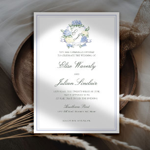 Hydrangea Crest Formal Blue Frame Coastal Wedding Invitation