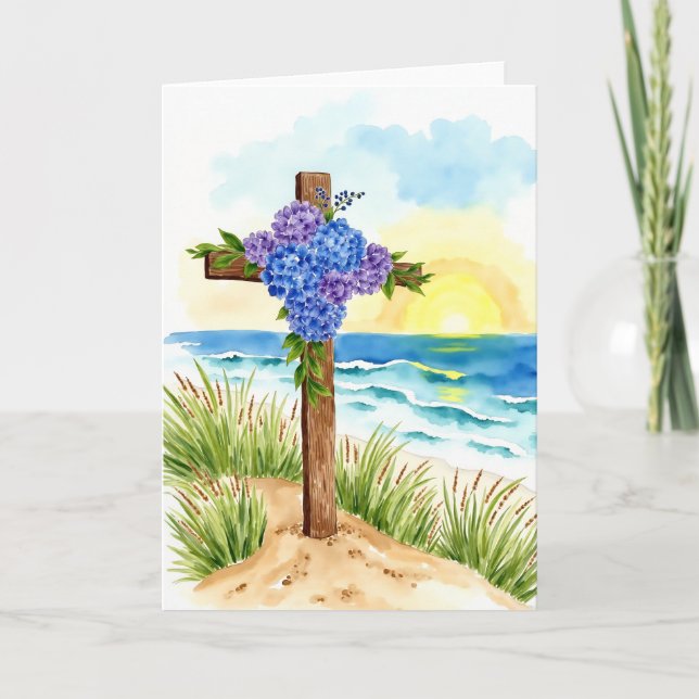 Hydrangea Cross Easter Religious Christian Holiday Card (Front)