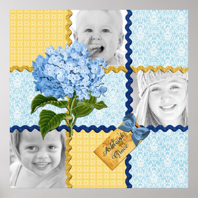 Hydrangea Custom Photo Quilt Frame Blue Yellow Poster (Front)