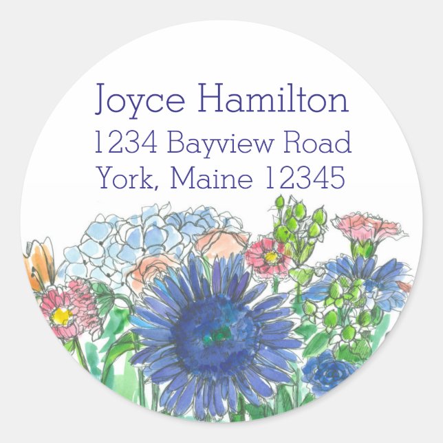 Hydrangea Daisy Rose Watercolor Flowers Address Classic Round Sticker (Front)