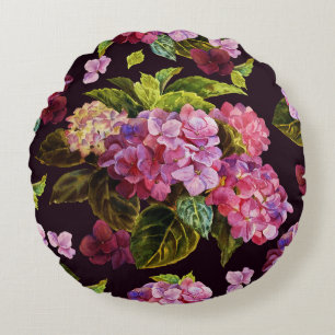Hydrangea, dark, seamless floral pattern. round cushion