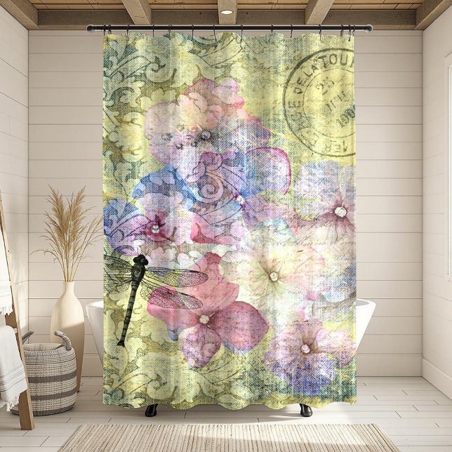 Hydrangea Dragonfly Postmark Ephemeral Shower Curtain (Creator Uploaded)