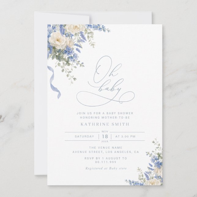 Hydrangea Dusty Blue baby shower invitation (Front)