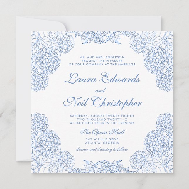 Hydrangea Dusty Blue Floral Modern Wedding Invitation (Front)