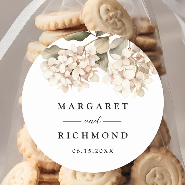 Hydrangea Elegant White Floral Wedding Classic Round Sticker (Creator Uploaded)
