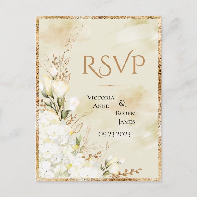 Hydrangea Elegant White Gold Floral Wedding RSVP Postcard (Front)