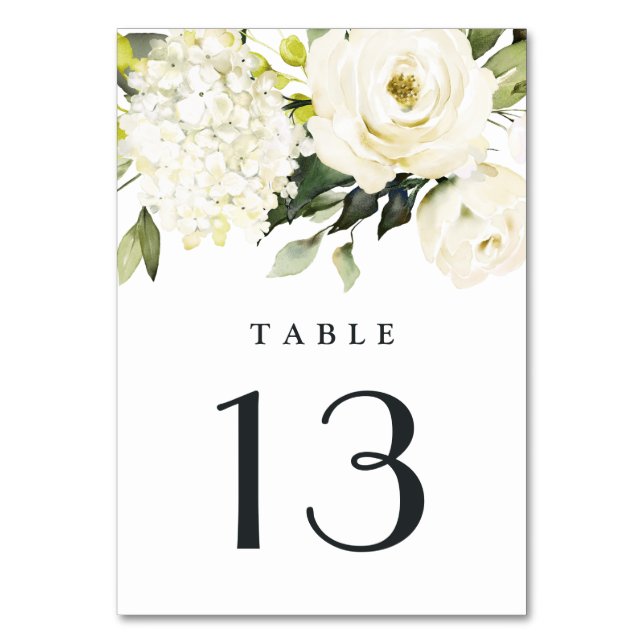 Hydrangea Elegant White Gold Rose Floral Wedding Table Number (Front)