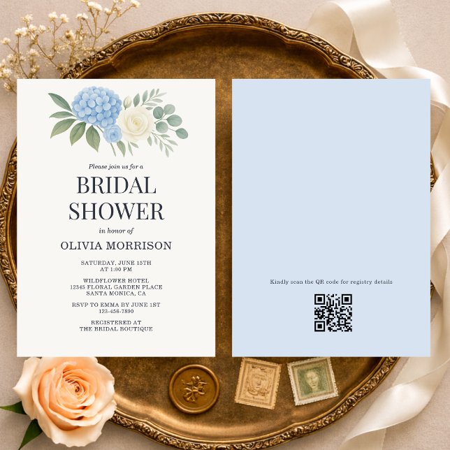 Hydrangea Eucalyptus QR Code Bridal Shower Invitation (Creator Uploaded)