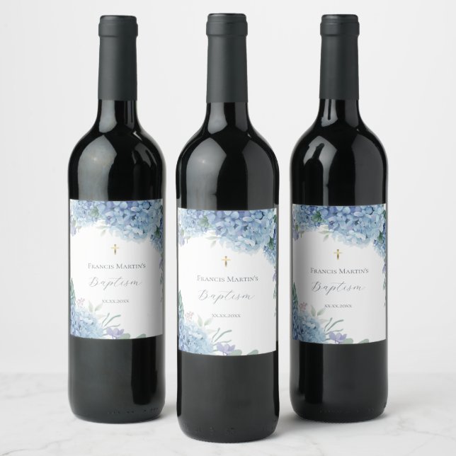 Hydrangea floral  Baptism Wine Label (Bottles)