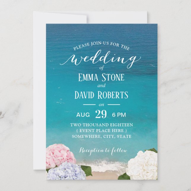Hydrangea Floral Beach Wedding Party Invitation (Front)