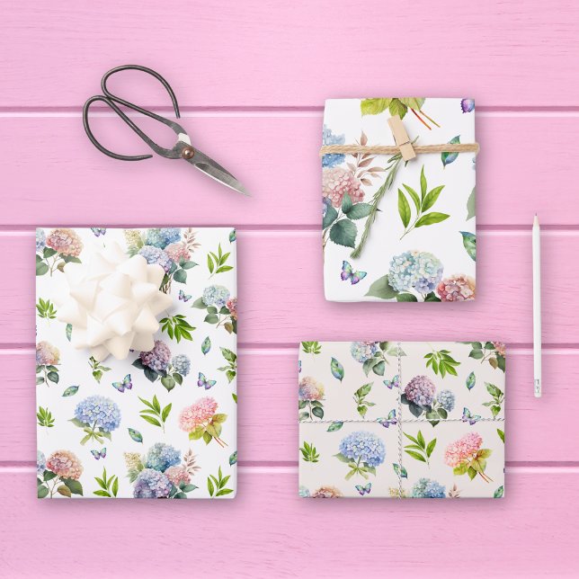 Hydrangea Floral Blue and Pink Set of 3 Wrapping Paper Sheet (Creator Uploaded)
