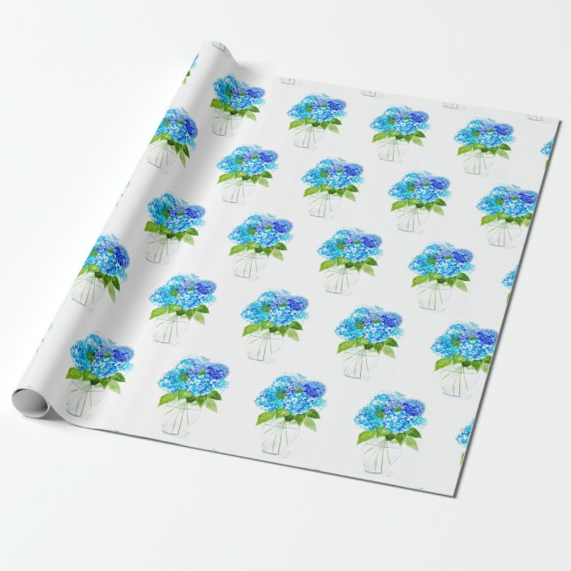 Hydrangea floral Blue Flowers Watercolor Rustic Wrapping Paper (Unrolled)