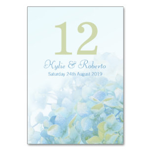 Hydrangea floral blue green wedding table numbers