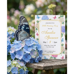 Hydrangea Floral Watercolor Butterfly Birthday Invitation
