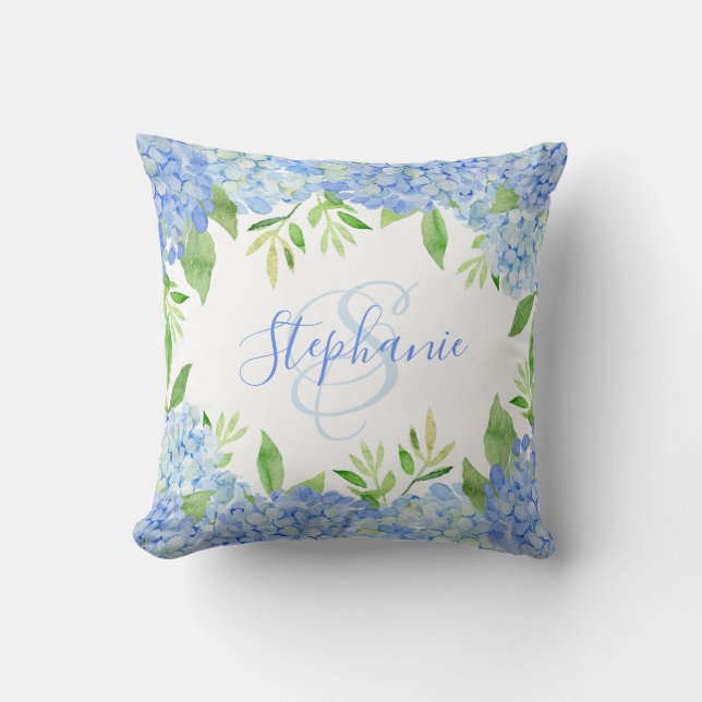 Hydrangea Floral Watercolor Monogram Cushion (Front)