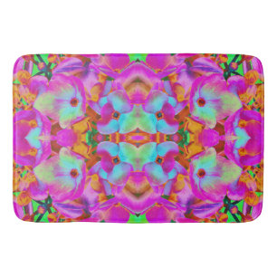 Hydrangea Flower Petals in Aqua Magenta and Orange Bath Mat