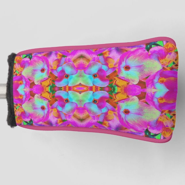 Hydrangea Flower Petals in Aqua Magenta and Orange Golf Head Cover (Front)