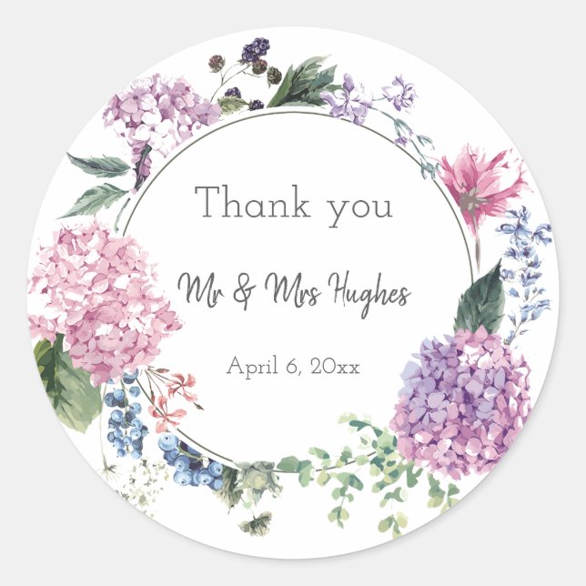 Hydrangea flower wreath wedding themed thank you classic round sticker (Front)