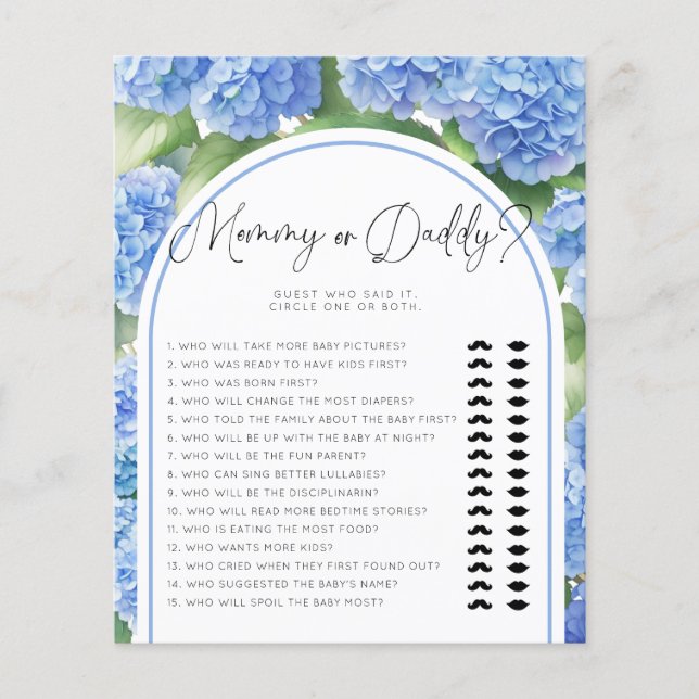 Hydrangea Flowers Baby Shower Games Mummy or Daddy (Front)