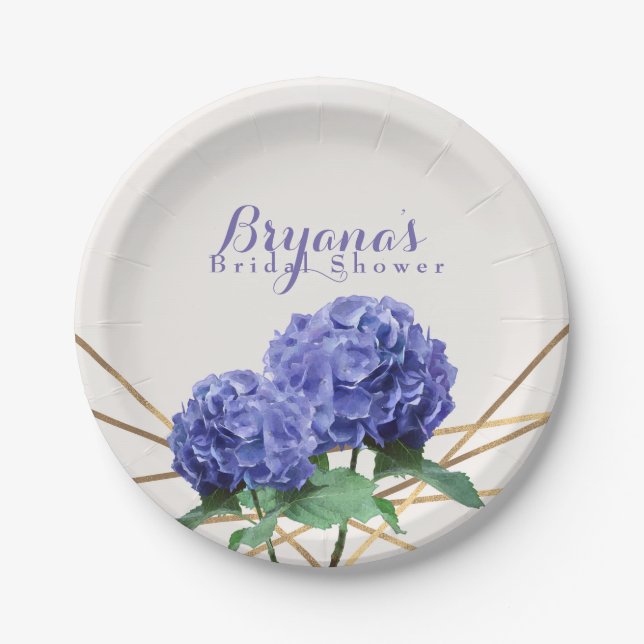 Hydrangea Flowers & Gold Lines Elegant Custom Paper Plate (Front)