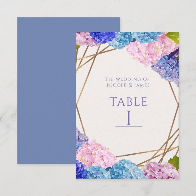 Hydrangea Flowers & Gold Wedding Table Number Card (Front/Back)