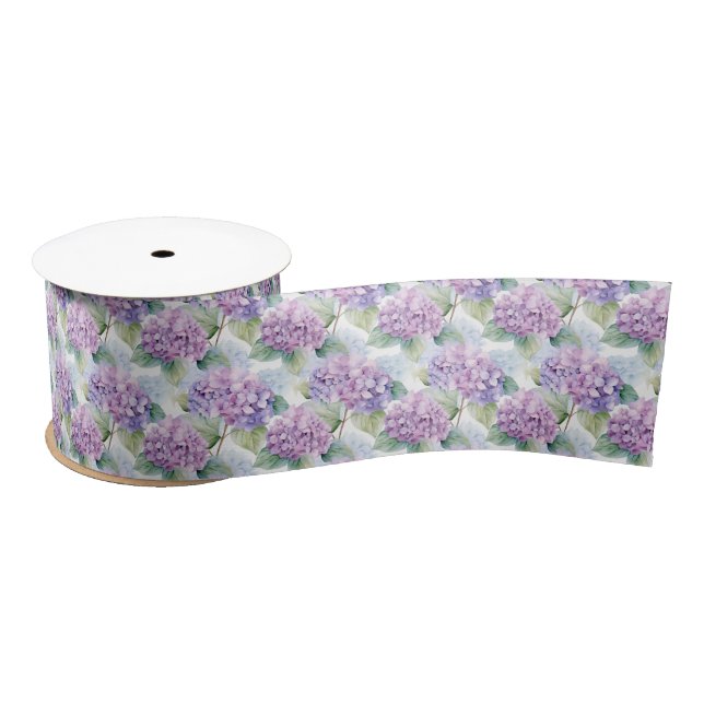 Hydrangea Flowers Lilac Blue Cream Floral Pattern  Satin Ribbon (Spool)