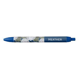 Hydrangea Flowers Navy Blue Custom Name Black Ink Pen