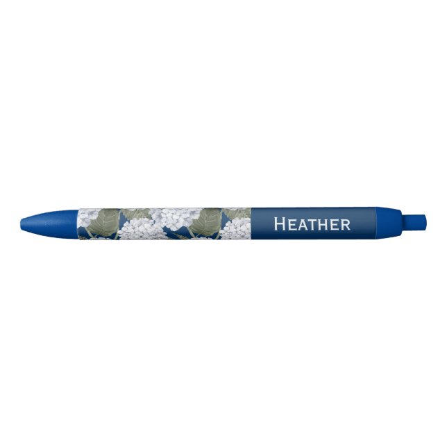Hydrangea Flowers Navy Blue Custom Name  Black Ink Pen (Front)