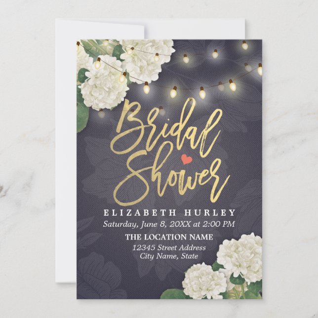 Hydrangea Flowers String Lights Blue Bridal Shower Invitation (Front)