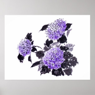 Hydrangea flowers sumie poster