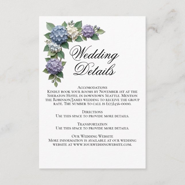 Hydrangea Flowers Wedding Details Card (Front)