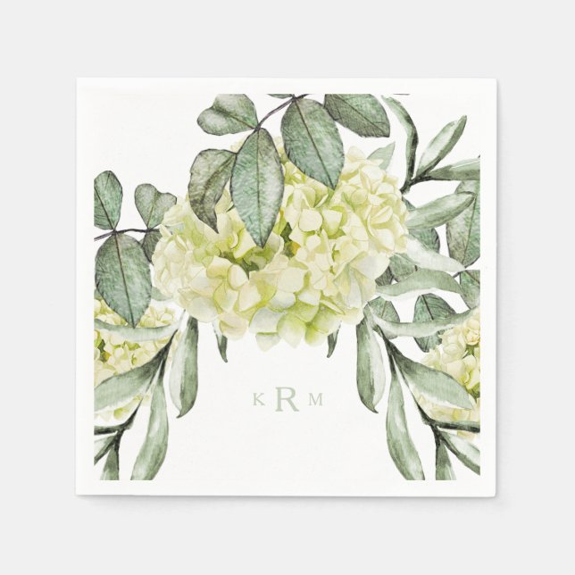 Hydrangea Foliage Mint Monogram Cocktail Napkins (Front)