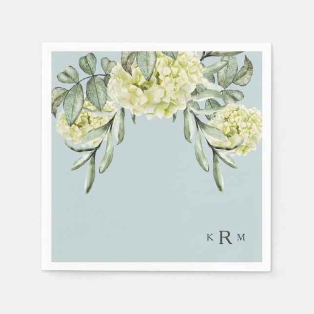 Hydrangea Foliage Monogram Dusty Blue Cocktail Napkin (Front)